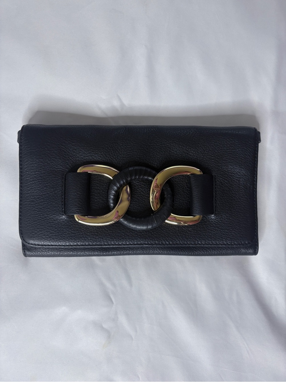 Michael Kors Black Leather Clutch with Gold Ring Accent